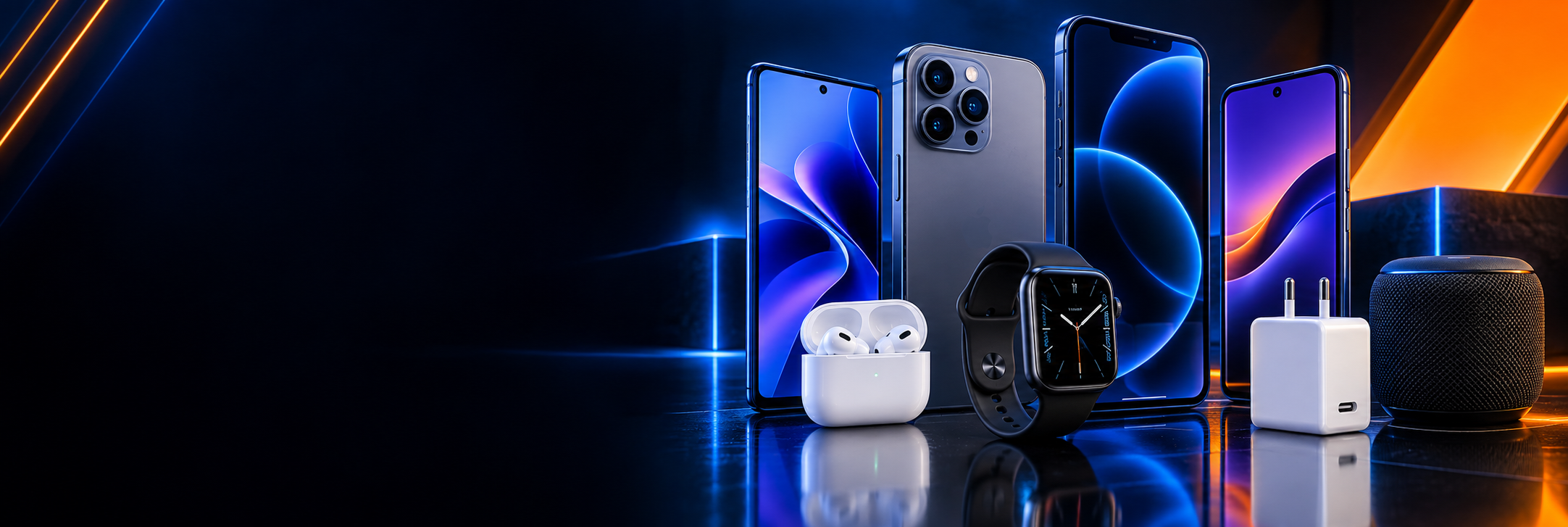 Celulares, fones, smartwatch e acessórios em cenário iluminado em azul e laranja